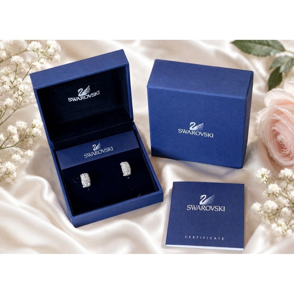 Swarovski Elena Half Hoop Crystal Pierced Earrings Rhodium Box Cert Retired